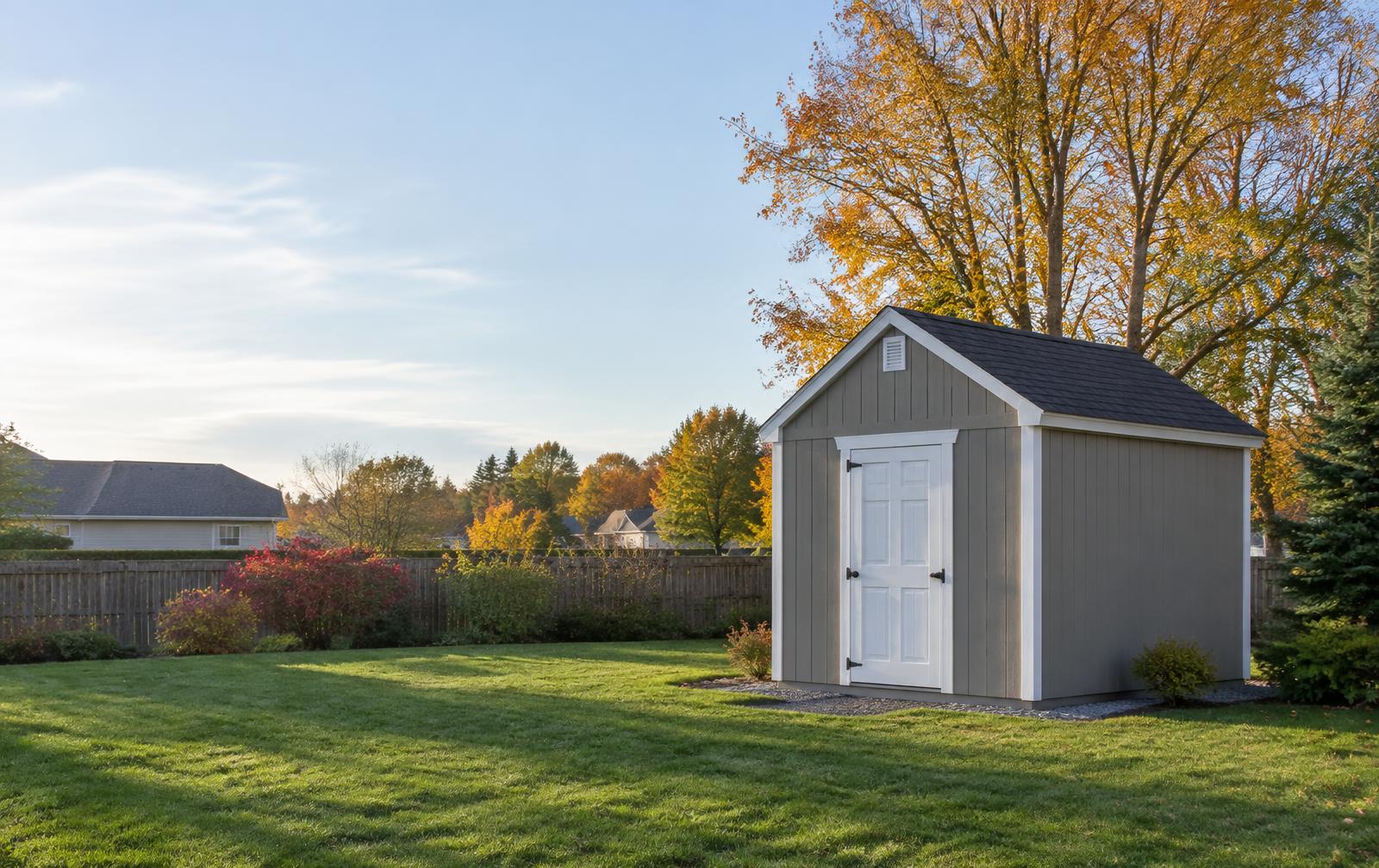 Gray utility storage shed in a Minnesota backyard